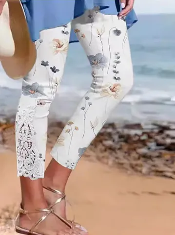 Women's Summer Floral Print Capri Pants Lace Patchwork Beach Casual Polyester Trousers Slim Fit Stretchy Bottoms For Ladies