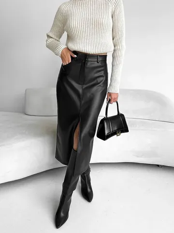 Fashion Women Black Faux Leather High Waist Slit Midi Skirt Fleece Lined Fall Winter Slim Fit Bodycon Pencil Skirt