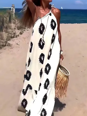 Women's Bohemian Printed One-Shoulder Maxi Dress Sexy Lace-Up Loose Beach Vacation Long Dress Elegant Polyester Top And Bottom