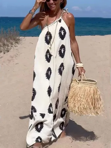 Women's Bohemian Printed One-Shoulder Maxi Dress Sexy Lace-Up Loose Beach Vacation Long Dress Elegant Polyester Top And Bottom
