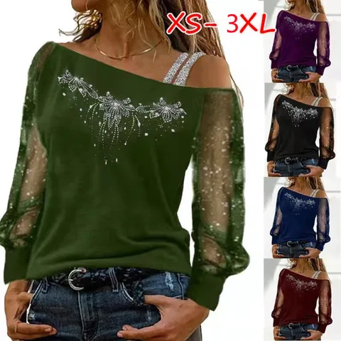 Women Casual Long Sleeve T-Shirt Asymmetric Cold Shoulder Polyester Top Loose Fit Bronzing Floral Pattern Mesh Splicing Clothing