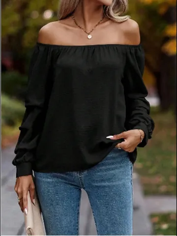 Women Sexy Off Shoulder Long Sleeve Boat Neck T-Shirt Polyester Solid Color Slim Fit Autumn Pullover Casual Top