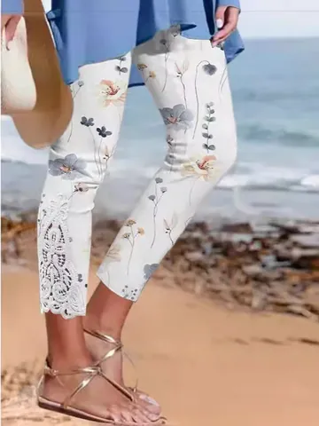 Women's Summer Floral Print Capri Pants Lace Patchwork Beach Casual Polyester Trousers Slim Fit Stretchy Bottoms For Ladies