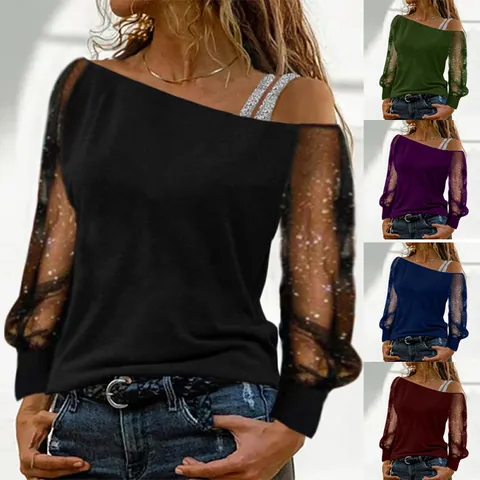 Damen Off-Shoulder Langarm T-Shirt Netz-Patchwork Pailletten Top Einfarbig Lockere Pullover Modisches Lässiges T-Shirt Top