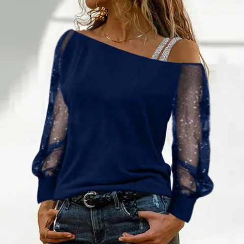 Damen Off-Shoulder Langarm T-Shirt Netz-Patchwork Pailletten Top Einfarbig Lockere Pullover Modisches Lässiges T-Shirt Top