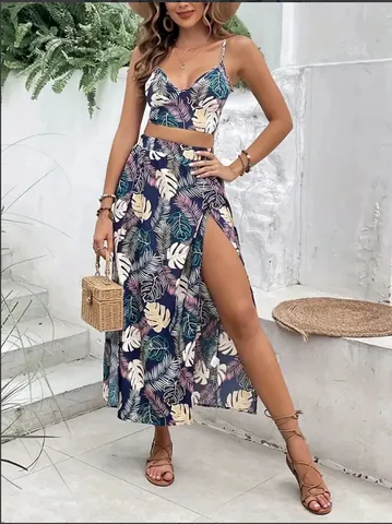 Women Two Piece Set Tropical Leaf Print Camisole Top And High Slit Midi Skirt Bohemian Vacation Polyester Skirt Set