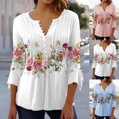 Women's V Neck Floral Print Pleated Button Top Polyester Long Sleeve Slim Blouse Casual Elegant Printed Pullover Shirt