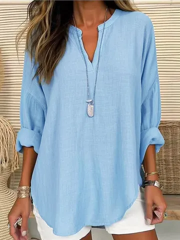 Damen Casual Baumwolle Leinen V Ausschnitt Langarm Hemd Lockere Einfarbig Top Patchwork Bluse Alltag Mode Kleidung
