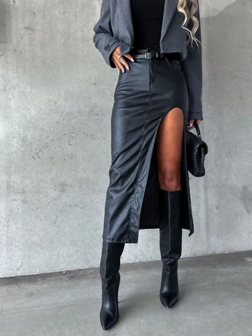 Women Sexy High Slit PU Leather Midi Skirt High Waist Bodycon Pencil Skirt With Belt Y2K Streetwear Fashion Casual Bottom