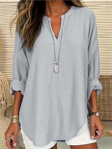Damen Casual Baumwolle Leinen V Ausschnitt Langarm Hemd Lockere Einfarbig Top Patchwork Bluse Alltag Mode Kleidung