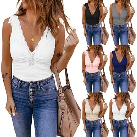 Women Deep V Neck Lace Patchwork Tank Top Knitted Sleeveless Summer Casual Vest Solid Color Slim Fit Top