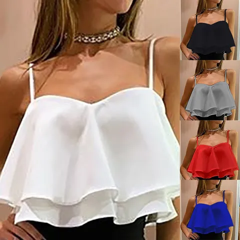 Camisola con Volantes de Verano para Mujer Tirantes Finos Hombros Descubiertos Sin Mangas Crop Top Camiseta de Tirantes Poliéster