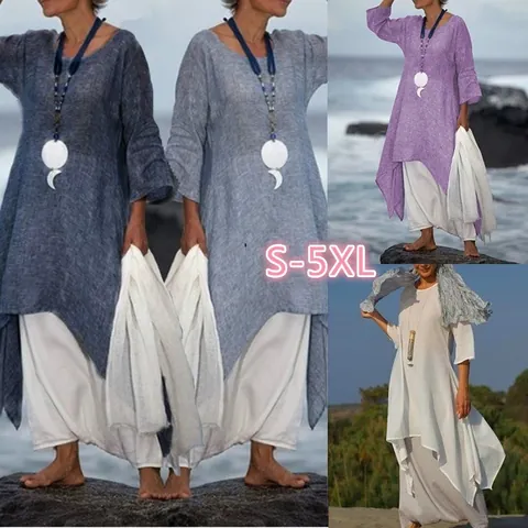 Women Bohemian Linen Dress Loose Long Sleeve Solid Color Irregular Hem Casual Retro Midi Dress For Vacation Beach