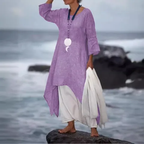 Women Bohemian Linen Dress Loose Long Sleeve Solid Color Irregular Hem Casual Retro Midi Dress For Vacation Beach