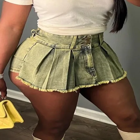 Women's Vintage Washed Distressed Denim Mini Skirt Bodycon Raw Hem Yellow Beige Cotton Stretch Cargo Jeans Bottoms Skirt