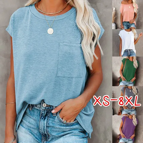 Women Summer Casual T-Shirt Polyester Solid Color Pocket Round Neck Off-Shoulder Short Sleeve Top Loose Comfortable T-Shirt