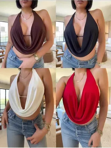 Top da Donna con Scollo all'Americana e Scollo a V Profondo Sexy Senza Schienale Tinta Unita Senza Maniche in Maglia