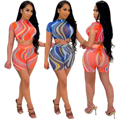 Women Summer Polyester Printed Top And Bottom Set Sexy Colorful Fishbone Stripe Crop Top Cross Waist Tie Shorts Casual Two Piece Set