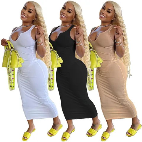 Women Sexy Ribbed Bodycon Dress U-Neck Sleeveless Slim Fit Polyester Spandex Elegant Summer Maxi Dress Casual Long Vest Dress