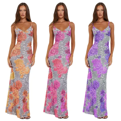 Women Mesh Floral Leopard Print Slim Fit Spaghetti Strap Maxi Dress Double Layer V-Neck Sleeveless Polyester Long Dress
