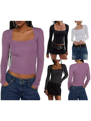 Women Sexy Square Neck Ribbed Long Sleeve Top Slim Fit Solid Color Striped Patchwork Base Shirt Spring Autumn Outerwear