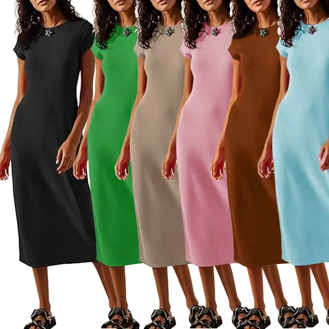 Women's Sexy Bodycon Midi Dress Knitted Polyester Spandex Round Neck Short Sleeve Patchwork Solid Color Casual Summer Dress