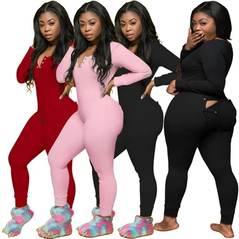 Women Long Sleeve Jumpsuit Pajamas Chemical Fiber Blend Solid Color Loungewear With Button Drop Flap Slim Fit One Piece Sleepwear For Home
