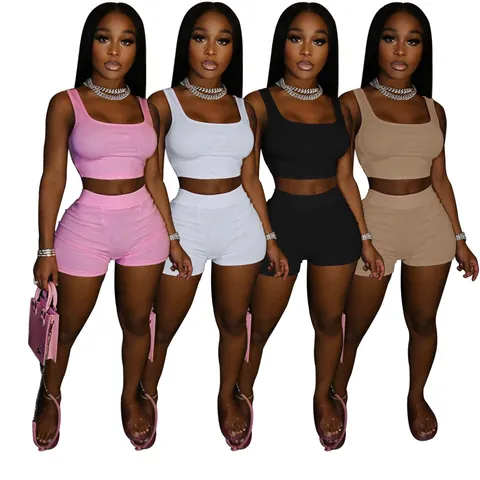 Women's Ribbed Top And Bottom Workout Set High Waisted Tight Shorts Summer Athletic Gym Outfits Casual Activewear Suits