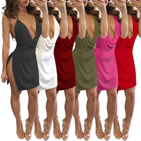 Sexy Rugloos Halsternek Mini Jurk Voor Dames Effen Kleur Diepe V-Hals Bodycon Zijsplit Slip Jurk Nachtclub Partywear