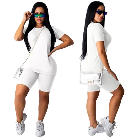 Women's Casual Sportswear Solid Color Round Neck Short Sleeve T-Shirt And High Waist Biker Shorts Workout Outfit Top And Bottom