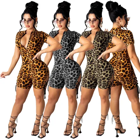 Damen Sexy Leopardenmuster Einteiler Schlanke Passform Kurzarm Top And Bottom Sommer Mode Seitliche Schnürung Frontreißverschluss Jumpsuit