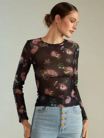 Women Sexy Mesh Long Sleeve Floral Print T-Shirt Crew Neck See-through Slim Fit Paisley Abstract Patterned Top