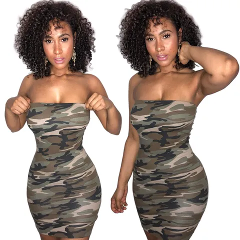 Women Sexy Camouflage Print Bodycon Dress Strapless Tube Top Mini Nightclub Party Polyester Slim Fit Short Dress