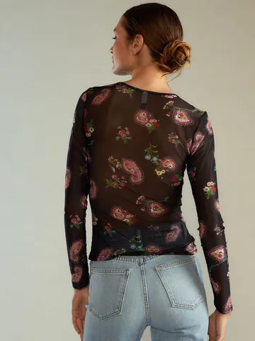 Women Sexy Mesh Long Sleeve Floral Print T-Shirt Crew Neck See-through Slim Fit Paisley Abstract Patterned Top