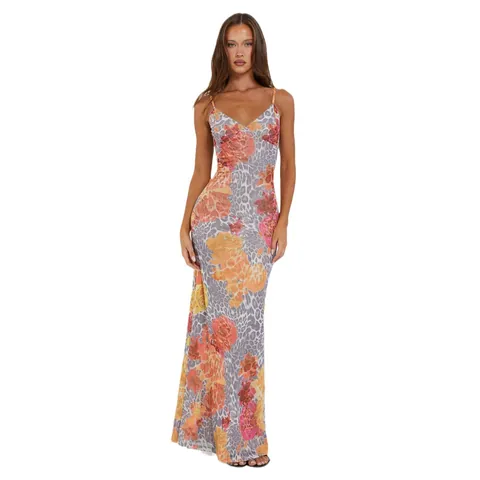 Women Mesh Floral Leopard Print Slim Fit Spaghetti Strap Maxi Dress Double Layer V-Neck Sleeveless Polyester Long Dress