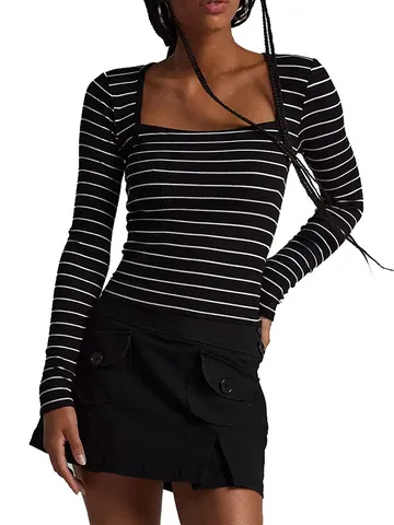 Women Sexy Square Neck Ribbed Long Sleeve Top Slim Fit Solid Color Striped Patchwork Base Shirt Spring Autumn Outerwear