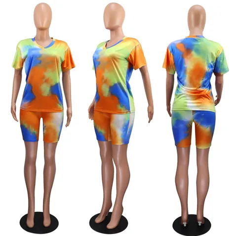 Women Fashion Tie Dye V Neck Two Piece Set Short Sleeve Top And Biker Shorts Sport Casual Summer Beachwear Outfit