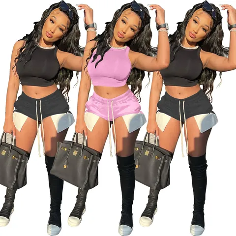 Women Summer Acetate Fiber Acrylic Sleeveless Ribbed Crop Top And Side Slit Drawstring Shorts Top And Bottom Set Casual Streetwear