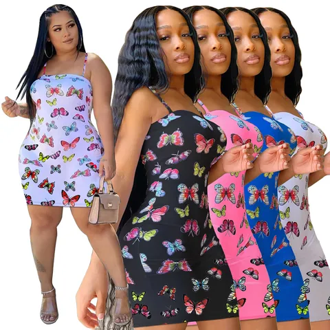 Women Summer Sexy Butterfly Print Spaghetti Strap Mini Bodycon Dress Sleeveless Backless Clubwear Fashion Party Top Slim Fit