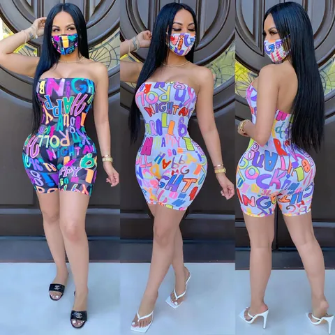 Women Sexy Tube Top Romper Letter Graffiti Print Strapless Slim Fit One-Piece Shorts Romper With Matching Mask Streetwear Clothing