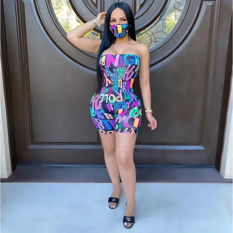 Women Sexy Tube Top Romper Letter Graffiti Print Strapless Slim Fit One-Piece Shorts Romper With Matching Mask Streetwear Clothing