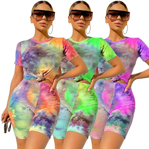 Women's Tie-Dye Two Piece Set Acetate Polyester Printed Round Neck Short Sleeve Top And Bike Shorts Casual Summer Sporty Set