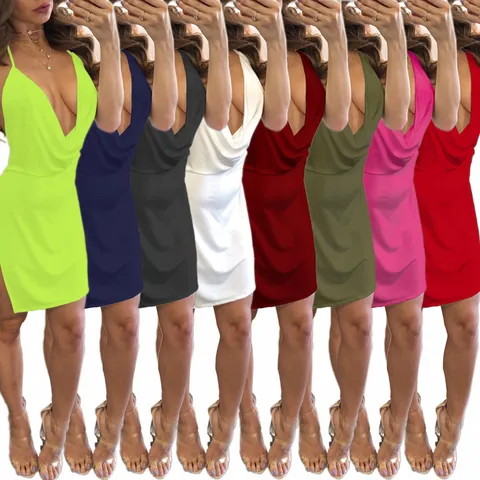 Women Sexy Backless Halter Mini Dress Deep V Neck Side Slit Acetate Polyester Blend Slim Fit Party Club Bodycon Dress Sleeveless Sundress