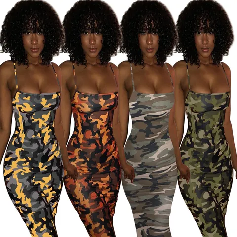 Women Sexy Camouflage Spaghetti Strap Bodycon Midi Dress Slim Fit Sleeveless U Neck Acetate Spandex Printed Clubwear Summer Fashion Top And Bottom