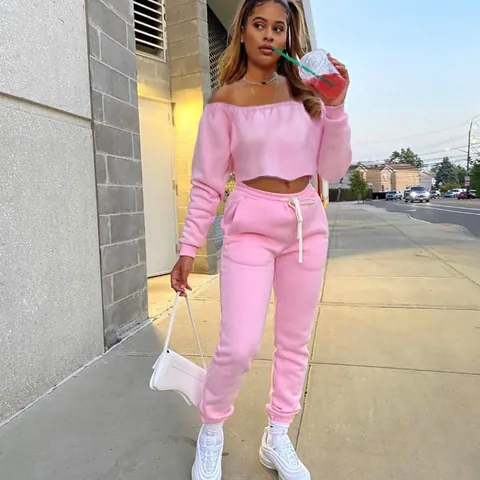 Women Fleece Two Piece Sportswear Set Off Shoulder Long Sleeve Sweatshirt Sweatpants Solid Color Casual Tracksuit Top And Bottom