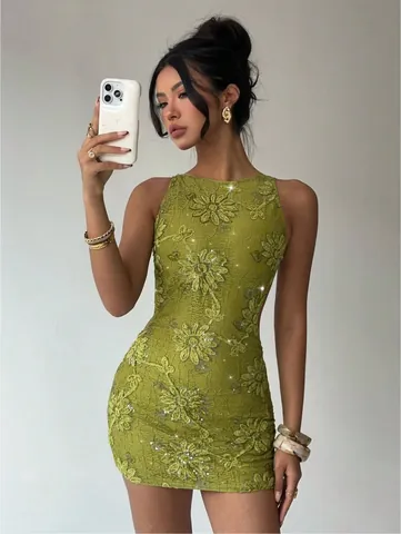 Women Sexy Lace Embroidery Sequin Mini Dress Backless Sleeveless Slim Fit Party Bodycon Dress For Cocktail Evening Night Club