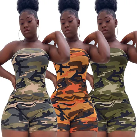 Women Camouflage Print Tube Top Romper Sexy Skinny Fit Casual Jumpsuit Shorts Summer Streetwear Fashion Camo Romper Top And Bottom