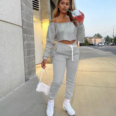 Women Fleece Two Piece Sportswear Set Off Shoulder Long Sleeve Sweatshirt Sweatpants Solid Color Casual Tracksuit Top And Bottom