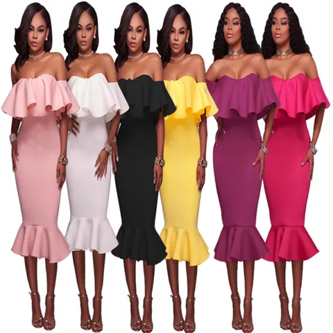 Women Sexy Off-the-Shoulder Ruffle Midi Dress Slim Fit Mermaid Hem Evening Party Bodycon Dress
