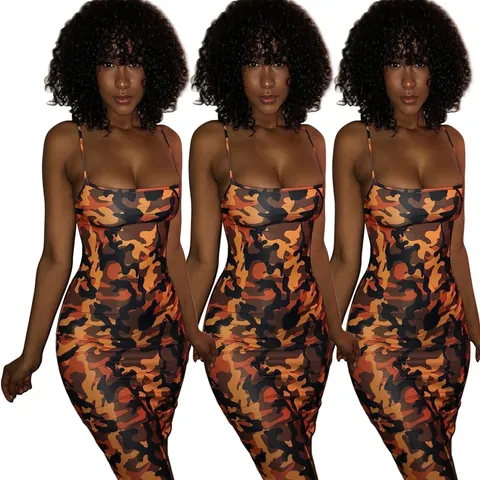 Women Sexy Camouflage Spaghetti Strap Bodycon Midi Dress Slim Fit Sleeveless U Neck Acetate Spandex Printed Clubwear Summer Fashion Top And Bottom